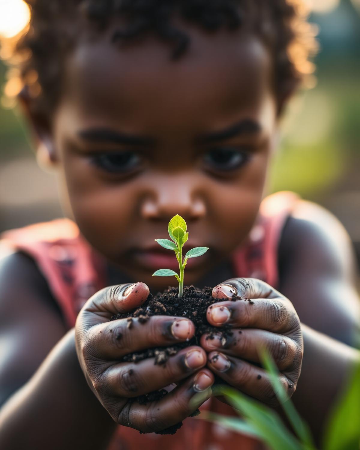 Child holding a small seedling in cupped hands at golden hour