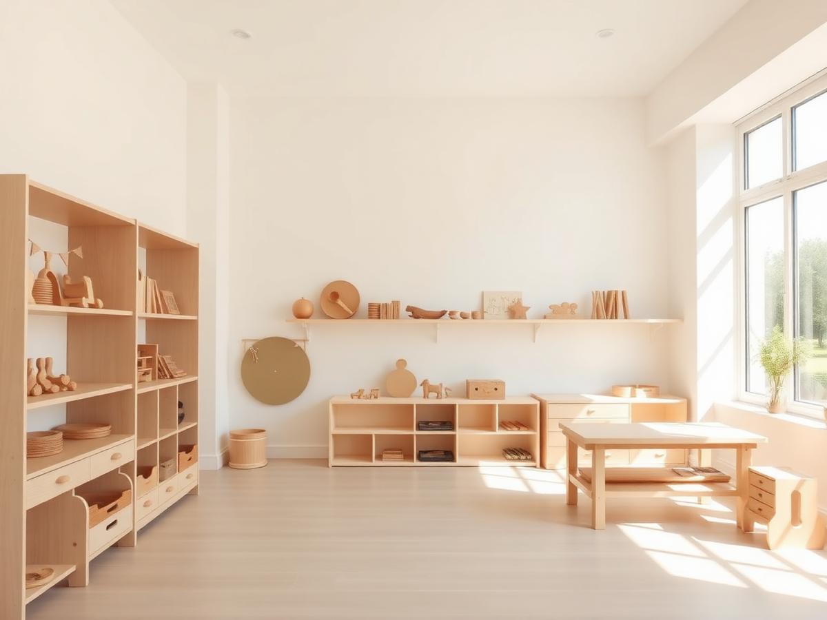Bright classroom with wooden materials