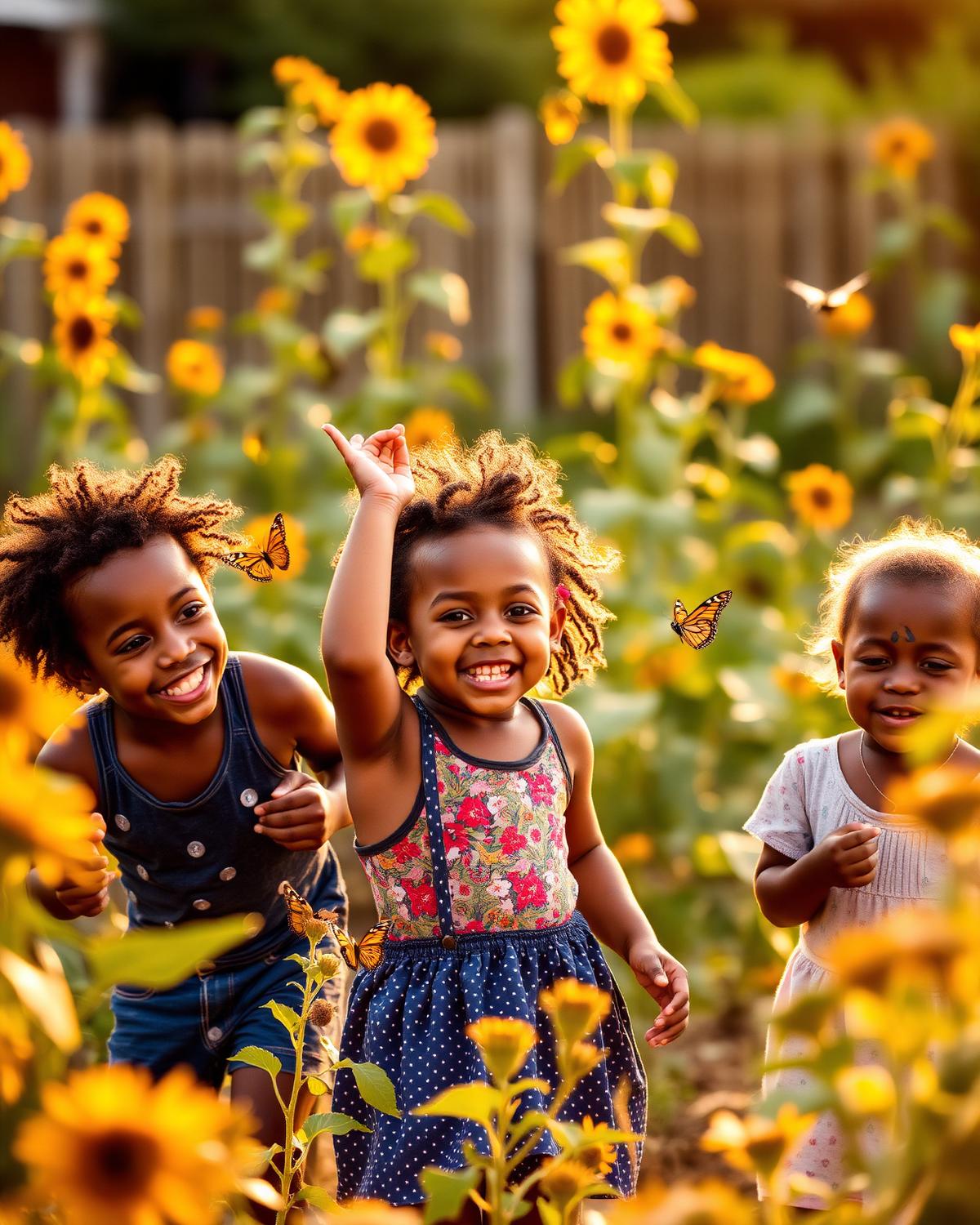 Children playing in a sunflower garden