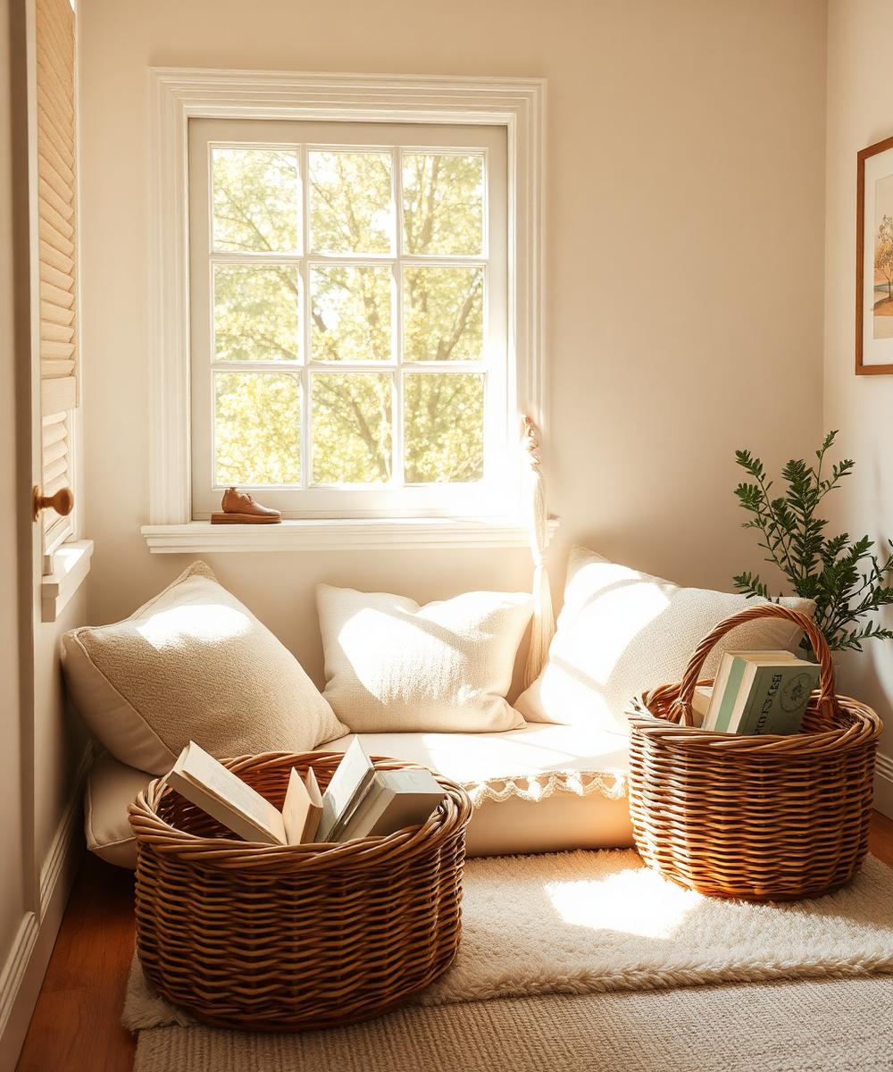 Cosy reading nook with books and cushions