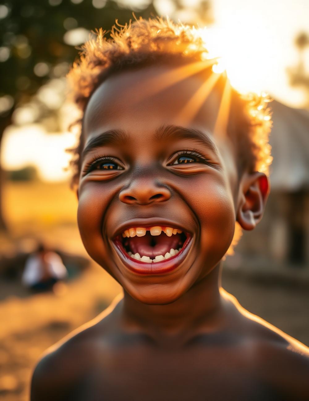 Portrait of a laughing child at golden hour