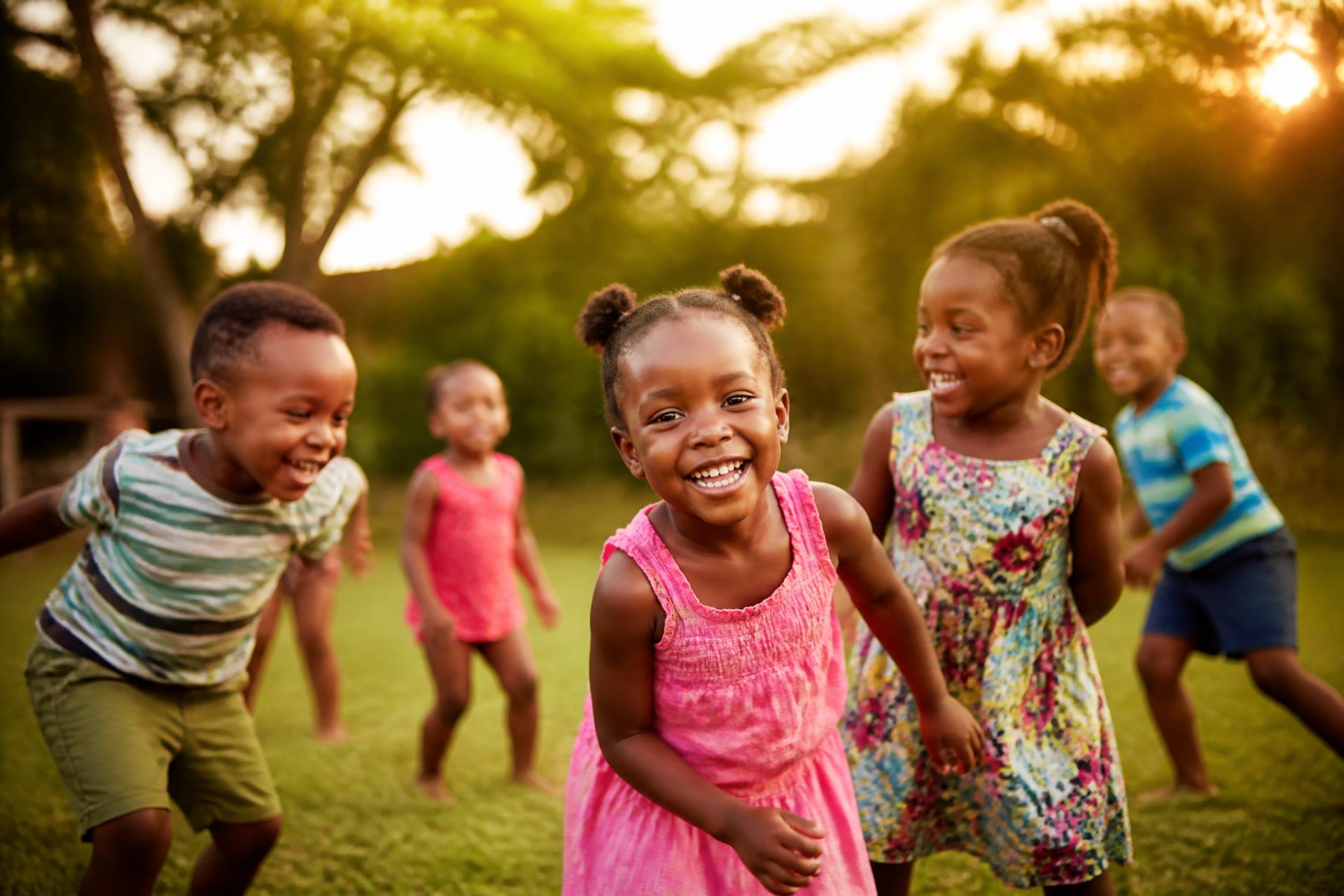 Happy South African children playing outdoors in golden afternoon light