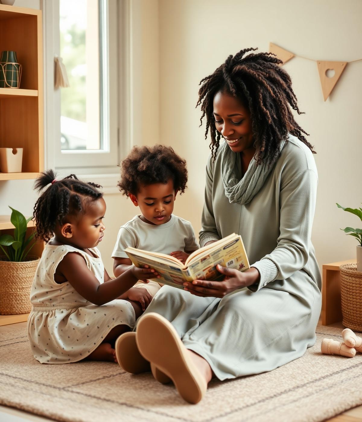 A teacher reading a book with two young children